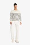Defacto F1522 Ekru Standart Fit Yarım Fermuarlı Çizgili Triko Kazak