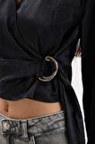Fitted Wrap Yaka Saten Uzun Kollu Bluz