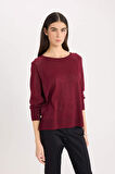 DeFacto Regular Fit Bisiklet Yaka Basic Düz Bordo Triko Kazak C6818AX24WNBR170