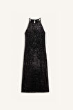DeFacto Halter Yaka Payetli Kolsuz Midi Siyah Elbise E2437AX24WNBK81