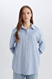 Relax Fit Çizgili Oxford Basic Düz Uzun Kollu Gömlek Tunik