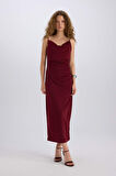 Yılbaşı Temalı Bodycon Vücudu Saran Degaje Yaka Askılı Maxi Bordo Elbise