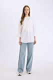 Relax Fit Kapüşonlu Basic Düz Poplin Uzun Kollu Beyaz Gömlek Tunik
