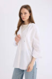 Relax Fit Kapüşonlu Basic Düz Poplin Uzun Kollu Beyaz Gömlek Tunik