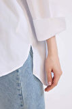 Relax Fit Kapüşonlu Basic Düz Poplin Uzun Kollu Beyaz Gömlek Tunik