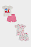 Kız Bebek 4'lü Pijama Takımı Desenli Kısa Kollu Penye Üst Beli Lastikli Şort