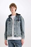DeFacto %100 Pamuk Oversize Geniş Kalıp Kapüşonlu Düğmeli Mevsimlik Baharlık Jean Ceket D0417AX25SPNM39