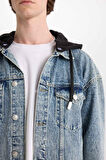 Oversize Geniş Kalıp Kapüşonlu Düğmeli Jean Ceket