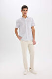DeFacto %100 Pamuk Regular Fit Yazlık Polo Yaka Keten Görünümlü Çizgili Kısa Kollu Gömlek D7552AX25SPWT34