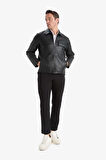 Slim Fit Dar Kesim Polo Yaka Fermuarlı Suni Deri Mont