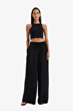 Wide Leg Keten Karışımlı Kumaş Pantolon Yüksek Bel Geniş Paça