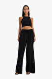 Wide Leg Keten Karışımlı Kumaş Pantolon Yüksek Bel Geniş Paça