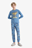 Erkek Çocuk Pijama Takımı Dinozor Baskılı Uzun Kollu Üst Uzun Alt