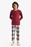 Erkek Çocuk Pijama Takımı Waffle Uzun Kollu Üst Kareli Uzun Alt
