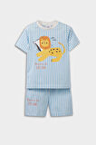 Erkek Bebek Pijama Takımı Çizgili Aslan Baskılı Kısa Kollu Penye Üst Beli Lastikli Şort