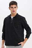 Regular Fit Dik Yaka Yarım Fermuarlı Basic Düz Sweatshirt