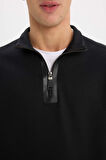 Regular Fit Dik Yaka Yarım Fermuarlı Basic Düz Sweatshirt
