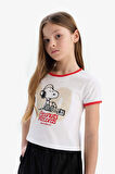 Kız Çocuk Snoopy Crop Bisiklet Yaka Kaşkorse Kısa Kollu Tişört