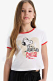 Kız Çocuk Snoopy Crop Bisiklet Yaka Kaşkorse Kısa Kollu Tişört