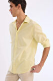 DeFacto Regular Fit Polo Yaka Keten Karışımlı Yazlık Uzun Kollu Gömlek E0555AX25SMYL149