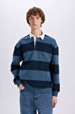 DeFacto Boxy Fit Polo Yaka Çizgili Sweatshirt D1784AX24WNIN257