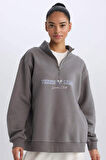 DeFactoFit Oversize Geniş Kalıp Fermuarlı Dik Yaka Baskılı Kalın Sporcu Sweatshirt E5703AX24WNGR334
