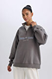 DeFactoFit Oversize Geniş Kalıp Fermuarlı Dik Yaka Baskılı Kalın Sporcu Sweatshirt E5703AX24WNGR334