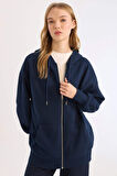 Oversize Geniş Kalıp Kapüşonlu Cepli Basic Düz Fermuarlı Sweatshirt