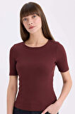 Slim Fit Dar Kesim Bisiklet Yaka Casual Fitilli Kaşkorse Kısa Kollu Tişört