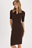 DeFacto Bodycon Vücudu Saran Polo Yaka Basic Düz Fitilli Kaşkorse Kısa Kollu Midi Elbise E6806AX25SPBN267