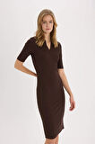 DeFacto Bodycon Vücudu Saran Polo Yaka Basic Düz Fitilli Kaşkorse Kısa Kollu Midi Elbise E6806AX25SPBN267