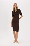 DeFacto Bodycon Vücudu Saran Polo Yaka Basic Düz Fitilli Kaşkorse Kısa Kollu Midi Elbise E6806AX25SPBN267