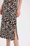 DeFacto Leopar Desenli Yuvarlak Yaka Saten Kolsuz Midi Abiye Elbise D7593AX25SPBK81