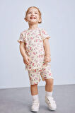 Kız Bebek 2'li Takım Desenli Fitilli Kaşkorse  Kısa Kollu Tişört Şort