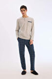 Regular Fit Pijama Takımı Uzun Kollu Üst Kareli Uzun Alt