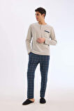 Regular Fit Pijama Takımı Uzun Kollu Üst Kareli Uzun Alt