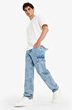 %100 Pamuk Relax Fit Kargo Cepli Geniş Paça Jean Pantolon