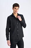 DeFacto %100 Keten Regular Fit Polo Yaka Yazlık Uzun Kollu Siyah Gömlek D9925AX25SPBK81