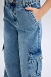 DeFacto Kız Çocuk Wide Leg Kargo Geniş Bol Paça Pamuklu Jean Pantolon D7089A825SPNM39