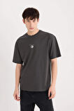 Defacto E1485 Antrasit Boxy Fit Bisiklet Yaka Sırt Baskılı Kısa Kollu Tişört