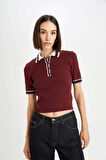 DeFacto Regular Fit Düğmeli Polo Yaka Kısa Kollu Bordo Triko Kazak D4233AX24AUBR467