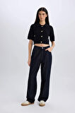 Cropped Fit Gömlek Yaka Düğmeli Triko Kısa Kollu Hırka