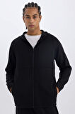 DeFactoFit Slim Fit Dar Kesim Kapüşonlu Skuba Dalgıç Kumaş Fermuarlı Sporcu Sweatshirt A6956AX25SPBK81