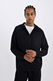 DeFactoFit Slim Fit Dar Kesim Kapüşonlu Skuba Dalgıç Kumaş Fermuarlı Sporcu Sweatshirt A6956AX25SPBK81