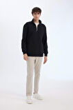 Comfort Regular Fit Rahat Kalıp Fermuarlı Dik Yaka Basic Düz Sweatshirt