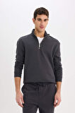 Comfort Regular Fit Rahat Kalıp Fermuarlı Dik Yaka Basic Düz Sweatshirt