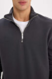 Comfort Regular Fit Rahat Kalıp Fermuarlı Dik Yaka Basic Düz Sweatshirt