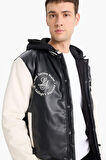 Regular Fit Kolej Yaka Çıkarılabilir Kapüşonlu Çıtçıtlı Suni Deri Bomber Mont
