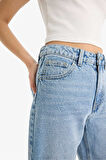 Straight Fit Yüksek Bel Düz Paça Uzun Jean Kar Yıkamalı Pantolon