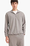 Boxy Fit Dik Yaka Fermuarlı Kadife Sweatshirt